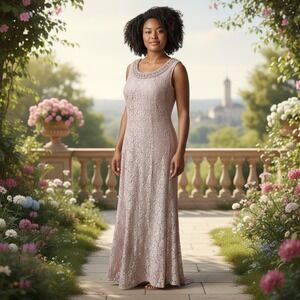 R&M Richards Blush Pink Lace Beaded Neckline Formal MOB‎ Maxi Dress 16W Evening